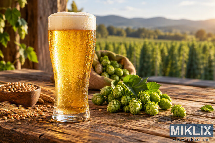 Cold golden pilsner-style beer with a foamy head on a rustic wooden table, surrounded by fresh green hops, malted grain and barley, with a softly blurred hop field and hills in warm evening sunlight. Cold golden pilsner-style beer with a foamy head on a rustic wooden table, surrounded by fresh green hops, malted grain and barley, with a softly blurred hop field and hills in warm evening sunlight.