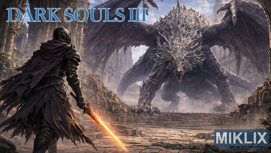 Dark fantasy fan art of armored warrior with glowing sword facing a colossal wyvern in gothic ruins inspired by Dark Souls III Dark fantasy fan art of armored warrior with glowing sword facing a colossal wyvern in gothic ruins inspired by Dark Souls III