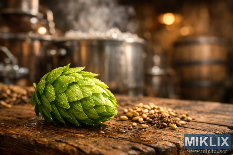 Close-up of a fresh Universal hop cone with dew on a rustic wooden brewing table, surrounded by malt grains and blurred brewing equipment in a warm, cozy brewery. Close-up of a fresh Universal hop cone with dew on a rustic wooden brewing table, surrounded by malt grains and blurred brewing equipment in a warm, cozy brewery.