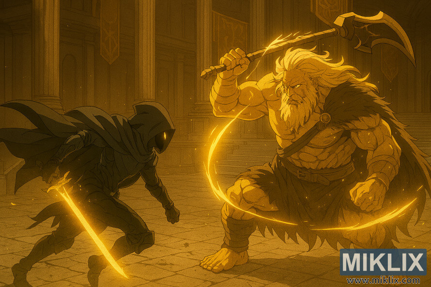 Aðdáendamynd à anime-stÃl Elden Ring af Tarnished sem berst við Godfrey inni à stóra sal Leyndells. Aðdáendamynd à anime-stÃl Elden Ring af Tarnished sem berst við Godfrey inni à stóra sal Leyndells.