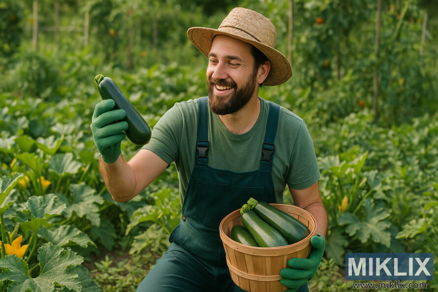 HasÄ±r ÅapkalÄ±, gÃ¼lÃ¼mseyen bir bahÃ§Ä±van, yemyeÅil bir bahÃ§ede olgun kabaklar topluyor.