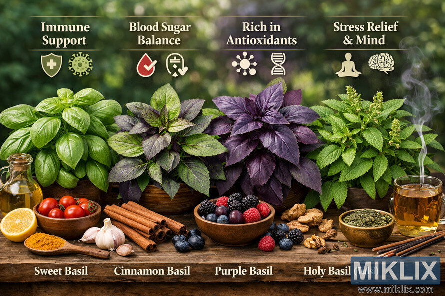 Landscape photo of four labeled basil varietiesâsweet, cinnamon, purple, and holy basilâarranged with foods and icons illustrating immune support, blood sugar balance, antioxidant richness, and stress relief on a rustic wooden table with a blurred garden background.