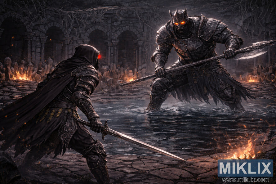 ScenÄ anime fantasticÄ cu un spadasin cu glugÄ Èi armurÄ de umbrÄ, vÄzut din spate, confruntându-se cu un cavaler colosal înarmat cu o halebardÄ Ã®ntr-o arenÄ inundatÄ Èi ruinatÄ Ã®nainte de luptÄ. ScenÄ anime fantasticÄ cu un spadasin cu glugÄ Èi armurÄ de umbrÄ, vÄzut din spate, confruntându-se cu un cavaler colosal înarmat cu o halebardÄ Ã®ntr-o arenÄ inundatÄ Èi ruinatÄ Ã®nainte de luptÄ.