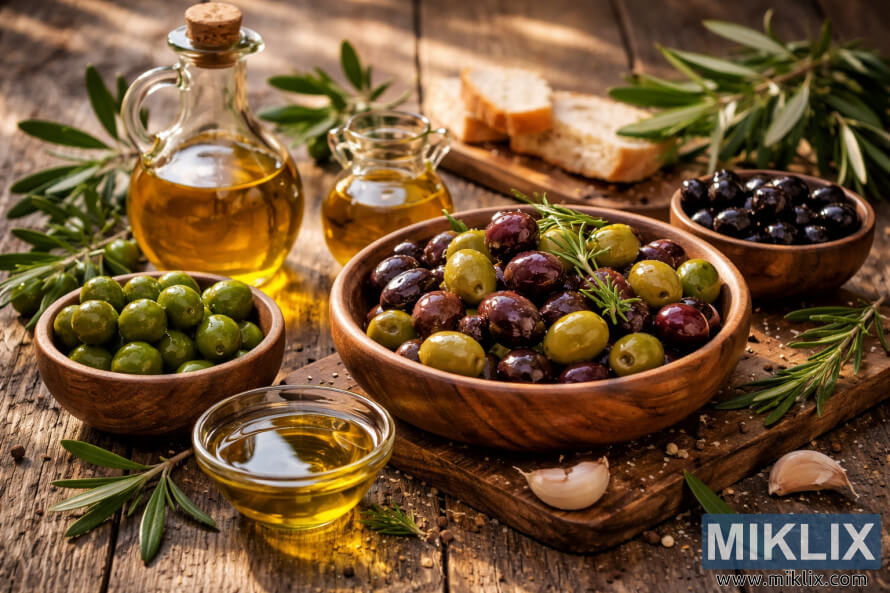 Landscape photo of mixed olives in wooden bowls with glass bottles of olive oil, rosemary, garlic, and bread on a rustic wooden table in warm sunlight.