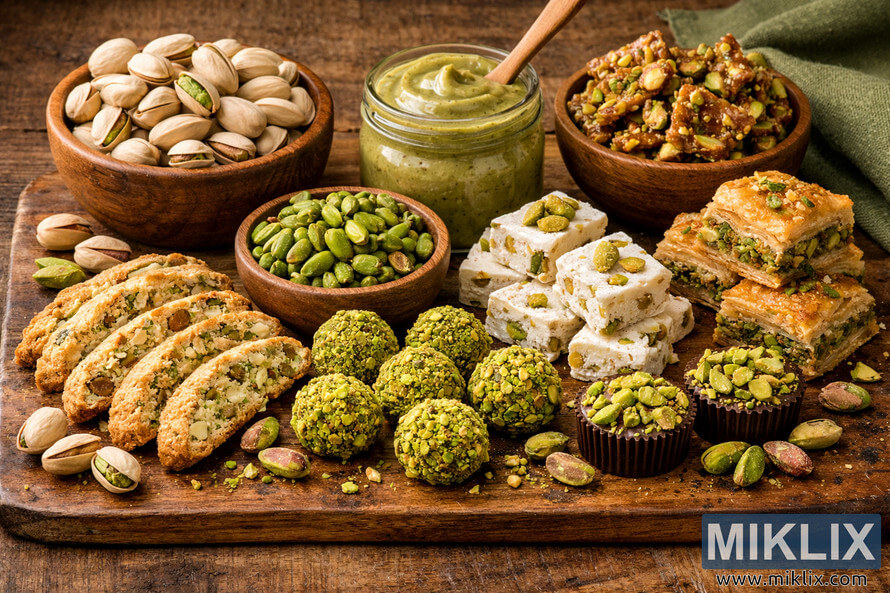 Assorted pistachio snacks displayed on a rustic wooden board, including in-shell pistachios, shelled kernels, biscotti, truffles, nougat squares, chocolate cups, baklava, brittle, and a jar of pistachio cream spread, all arranged on a wooden table with scattered nuts and a soft green napkin in the background.