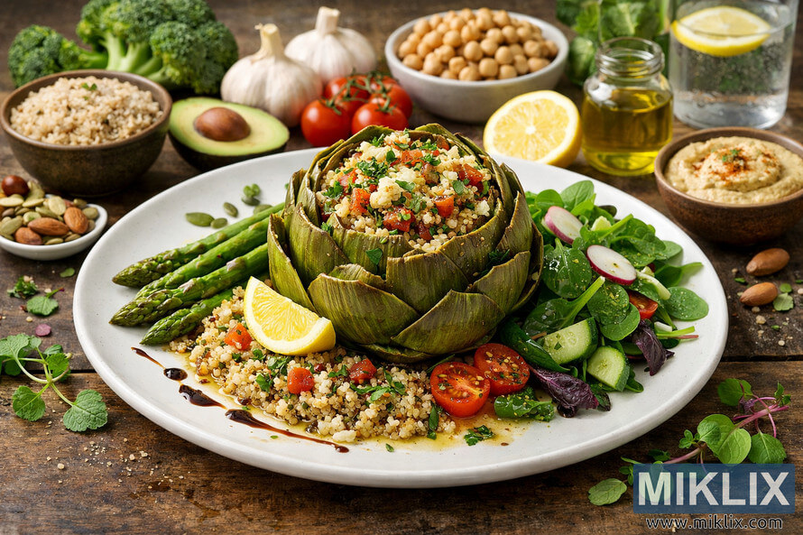 A high-resolution photograph of a whole stuffed artichoke entrée on a large white plate, placed on a rustic wooden table. The artichoke is steamed with its leaves slightly open, revealing a quinoa, tomato, garlic, and herb stuffing topped with melted cheese and garnished with parsley and a lemon wedge. A high-resolution photograph of a whole stuffed artichoke entrée on a large white plate, placed on a rustic wooden table. The artichoke is steamed with its leaves slightly open, revealing a quinoa, tomato, garlic, and herb stuffing topped with melted cheese and garnished with parsley and a lemon wedge.