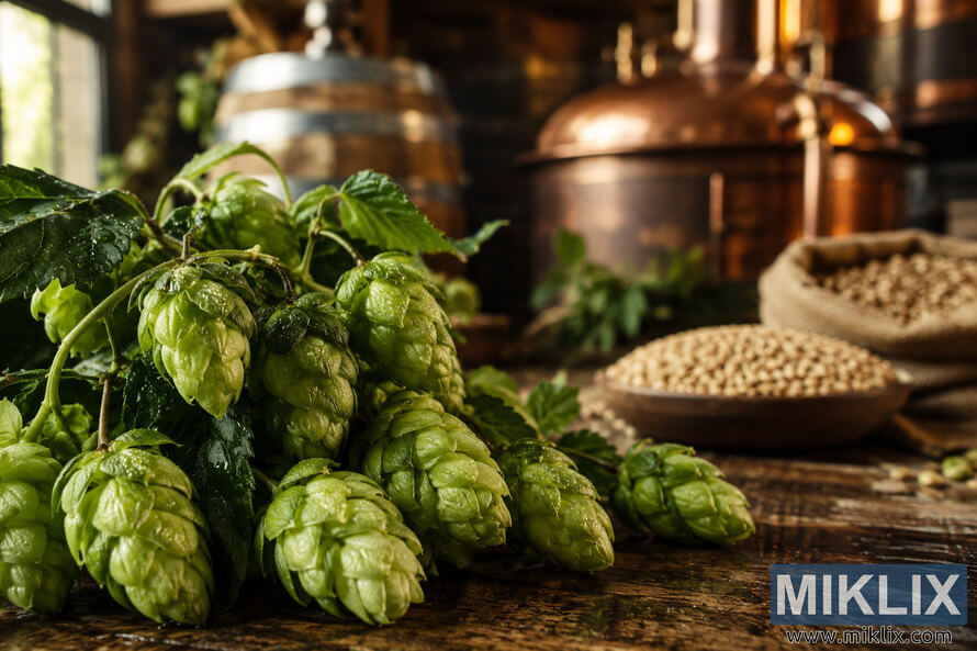 Close-up landscape photograph of dew-covered Eastern Green hop cones in sharp focus on a rustic wooden surface, with softly blurred barley grains and traditional brewing equipment illuminated by warm morning sunlight in the background. Close-up landscape photograph of dew-covered Eastern Green hop cones in sharp focus on a rustic wooden surface, with softly blurred barley grains and traditional brewing equipment illuminated by warm morning sunlight in the background.