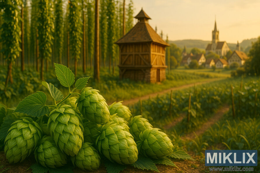 Hallertau hop field with golden sunlight, fresh green hops, a wooden kiln, and a quaint German village in the background.