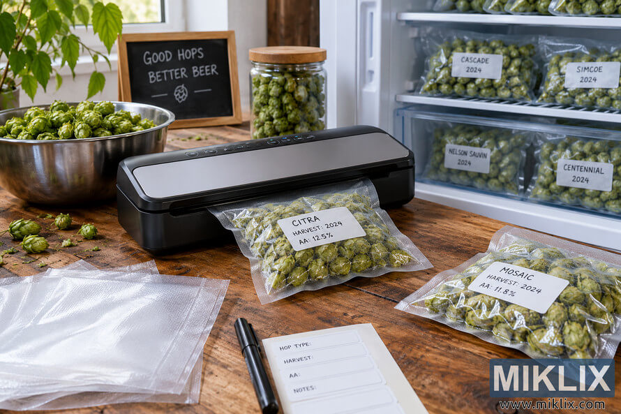 Landscape photo of an unbranded vacuum sealer packaging green hop cones on a wooden workbench, with labeled vacuum bags, fresh hops, storage labels, and an open freezer containing neatly organized bags of frozen hops. Landscape photo of an unbranded vacuum sealer packaging green hop cones on a wooden workbench, with labeled vacuum bags, fresh hops, storage labels, and an open freezer containing neatly organized bags of frozen hops.
