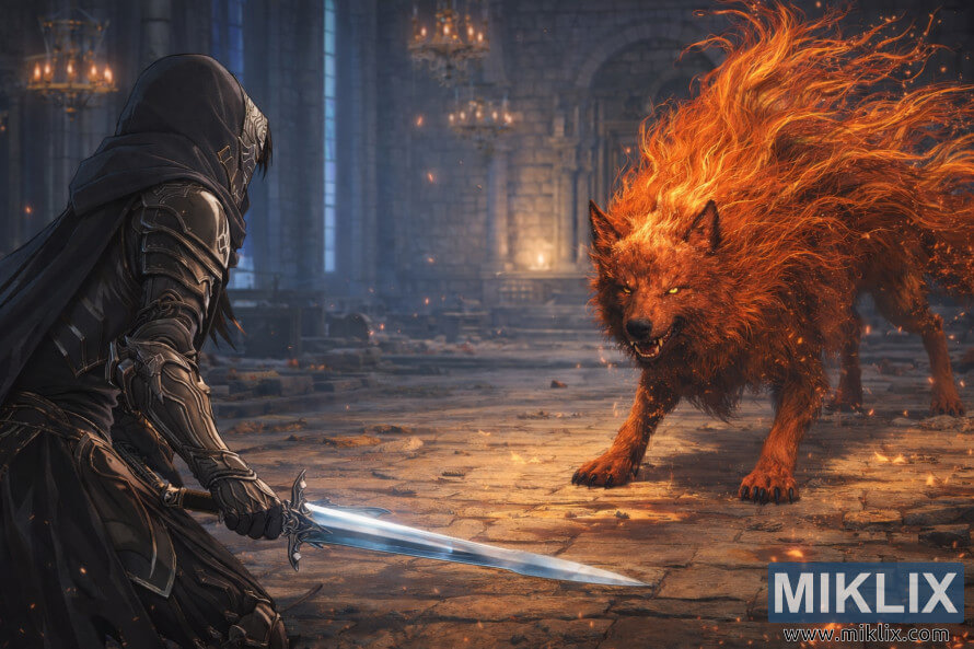 Fan art de style anime montrant le Sans-Ã©clat en armure de couteau noir maniant une Ã©pÃ©e face au Loup Rouge de Radagon Ã  lâintÃ©rieur de lâAcadÃ©mie Raya Lucaria avant la bataille.