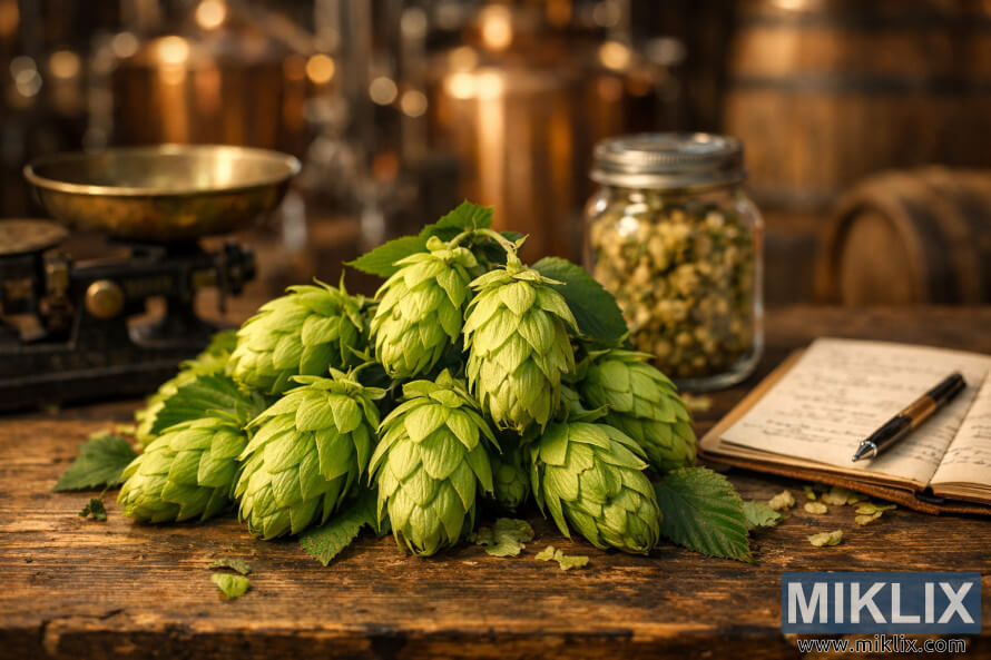 Fresh green hop cones on a rustic wooden table with brewing tools, a glass jar of dried hops, and copper tanks in a warmly lit brewery.