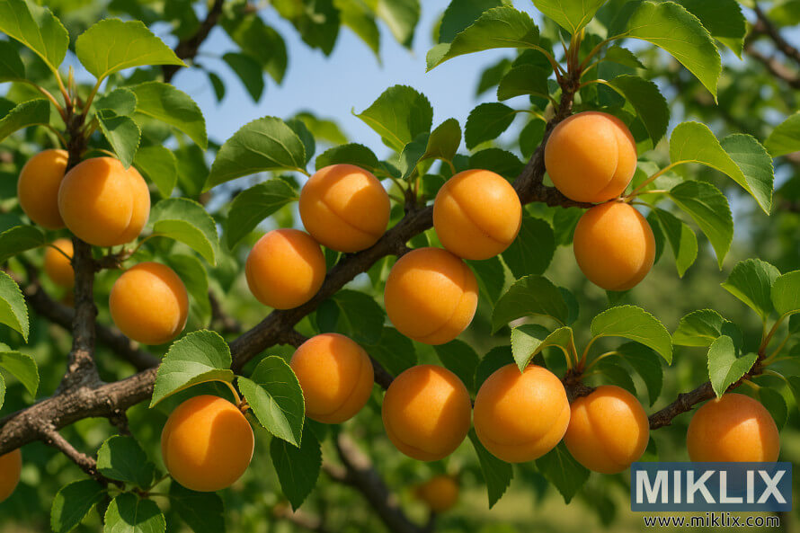 ÐÐµÑÐºÐ° Ð°Ð±ÑÐ¸ÐºÐ¾ÑÐ¾Ð²Ð¾Ð³Ð¾ Ð´ÐµÑÐµÐ²Ð° ÑÐ¾ÑÑÐ° ÐÐ»ÐµÐ½ÑÐµÐ¹Ð¼, Ð¿Ð¾ÐºÑÑÑÐ°Ñ ÑÐ¿ÐµÐ»ÑÐ¼Ð¸ Ð·Ð¾Ð»Ð¾ÑÐ¸ÑÑÐ¾-Ð¾ÑÐ°Ð½Ð¶ÐµÐ²ÑÐ¼Ð¸ Ð°Ð±ÑÐ¸ÐºÐ¾ÑÐ°Ð¼Ð¸ Ð¸ ÑÐ¾ÑÐ½ÑÐ¼Ð¸ Ð·ÐµÐ»ÐµÐ½ÑÐ¼Ð¸ Ð»Ð¸ÑÑÑÑÐ¼Ð¸ Ð¿Ð¾Ð´ ÑÑÐºÐ¸Ð¼ ÑÐ¾Ð»Ð½ÐµÑÐ½ÑÐ¼ ÑÐ²ÐµÑÐ¾Ð¼.