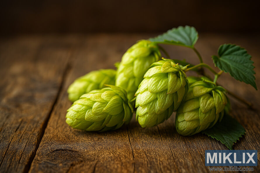 Congcot hop Emas Mimiti seger sareng daun dina mÃ©ja kai rustic