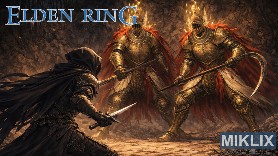 Elden Ring fan art of Black Knife assassin battling Cleanrot Knights in a cavern