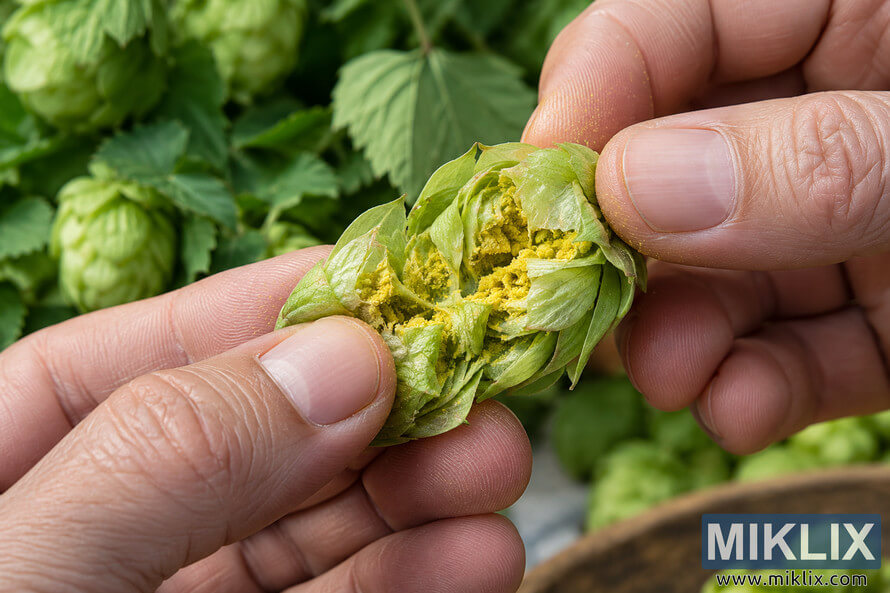 Close-up of two hands gently opening a fresh green hop cone to examine the golden-yellow lupulin glands inside, with hop leaves and additional cones softly blurred in the background.