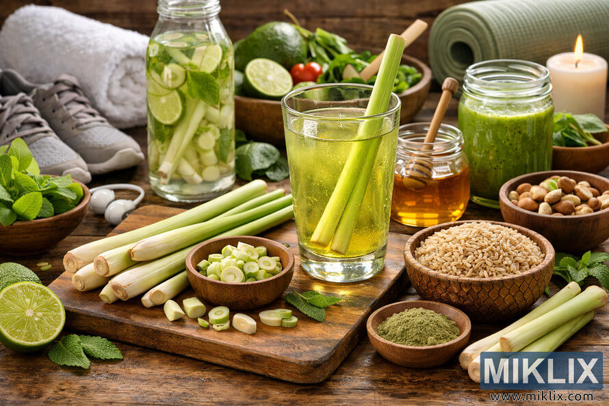 Landscape photo of a rustic wooden table arranged with fresh lemongrass on a cutting board, sliced lemongrass in a small wooden bowl, a woven bowl of brown rice, a dish of green lemongrass powder, a tall glass of lemongrass tea with a lemongrass stalk, a bottle of infused water with lemongrass, lime, and mint, a bowl of leafy greens with cherry tomatoes and cucumber, a jar of honey with a wooden dipper, a green smoothie, a bowl of mixed nuts, lit candles, a rolled-up towel, gray athletic shoes, a rolled yoga mat, and scattered lime, ginger, and mint, all suggesting a balanced, healthy lifestyle. Landscape photo of a rustic wooden table arranged with fresh lemongrass on a cutting board, sliced lemongrass in a small wooden bowl, a woven bowl of brown rice, a dish of green lemongrass powder, a tall glass of lemongrass tea with a lemongrass stalk, a bottle of infused water with lemongrass, lime, and mint, a bowl of leafy greens with cherry tomatoes and cucumber, a jar of honey with a wooden dipper, a green smoothie, a bowl of mixed nuts, lit candles, a rolled-up towel, gray athletic shoes, a rolled yoga mat, and scattered lime, ginger, and mint, all suggesting a balanced, healthy lifestyle.
