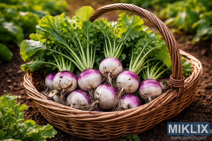 Freshly harvested turnips with green tops arranged in a wicker garden basket on soil in a sunlit vegetable garden