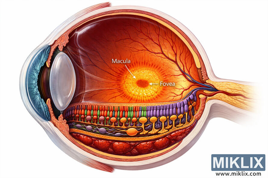 Illustration showing a detailed cross-section of the human eye with emphasis on the macula and fovea, including labeled anatomical structures such as the cornea, lens, retina, choroid, and optic nerve. Illustration showing a detailed cross-section of the human eye with emphasis on the macula and fovea, including labeled anatomical structures such as the cornea, lens, retina, choroid, and optic nerve.