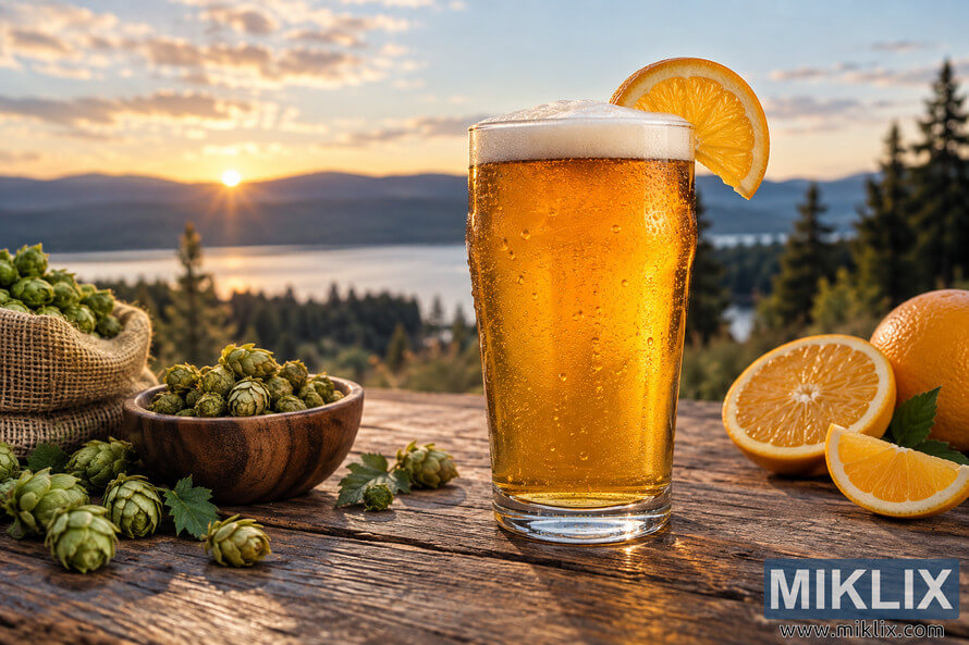 Cold golden American Pale Ale with a foamy head and orange garnish on a rustic wooden table, surrounded by green hop cones and fresh citrus, with a lake, evergreen forest, mountains, and warm sunset in the background.
