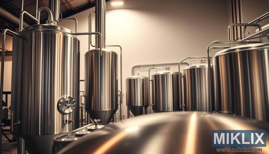 Modernes Sudhaus mit Roggenbrautanks und Maischbottich aus Edelstahl.