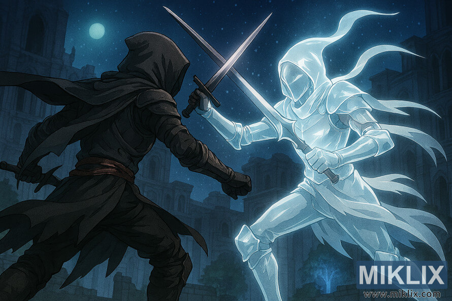 Fan art de style anime montrant le Sans-Ã©clat par derriÃ¨re combattant une Larme Mimique lumineuse dans Nokron Eternal City