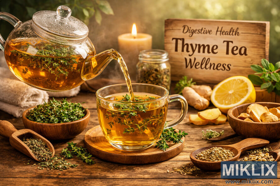 Landscape photo of a rustic wooden table set for digestive health support with thyme tea. A clear glass teapot in the center pours warm, golden thyme tea into a transparent glass cup on a small wooden coaster, with fresh thyme sprigs floating on the surface and scattered nearby. To the left, a wooden bowl holds fresh thyme and a wooden scoop spills dried thyme leaves onto the table. In the background, a glass jar of dried herbs, a lit beige candle, a halved lemon, and ginger slices add to the herbal wellness atmosphere. On the right, a wooden bowl of sliced ginger and another halved lemon sit beside a small dish of fennel seeds and a spoon of dried chamomile flowers in the foreground. A rolled white towel, a stone, and a green plant are softly blurred in the left background, while a wooden sign engraved with “Digestive Health” and “Thyme Tea Wellness” stands against a backdrop of green foliage. Landscape photo of a rustic wooden table set for digestive health support with thyme tea. A clear glass teapot in the center pours warm, golden thyme tea into a transparent glass cup on a small wooden coaster, with fresh thyme sprigs floating on the surface and scattered nearby. To the left, a wooden bowl holds fresh thyme and a wooden scoop spills dried thyme leaves onto the table. In the background, a glass jar of dried herbs, a lit beige candle, a halved lemon, and ginger slices add to the herbal wellness atmosphere. On the right, a wooden bowl of sliced ginger and another halved lemon sit beside a small dish of fennel seeds and a spoon of dried chamomile flowers in the foreground. A rolled white towel, a stone, and a green plant are softly blurred in the left background, while a wooden sign engraved with “Digestive Health” and “Thyme Tea Wellness” stands against a backdrop of green foliage.
