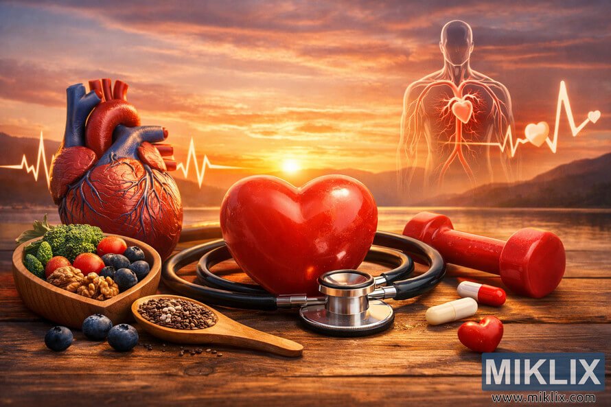 A symbolic landscape photograph depicting heart health and cardiovascular wellness with anatomical heart, stethoscope, fruits, and glowing circulatory figure at sunset. A symbolic landscape photograph depicting heart health and cardiovascular wellness with anatomical heart, stethoscope, fruits, and glowing circulatory figure at sunset.