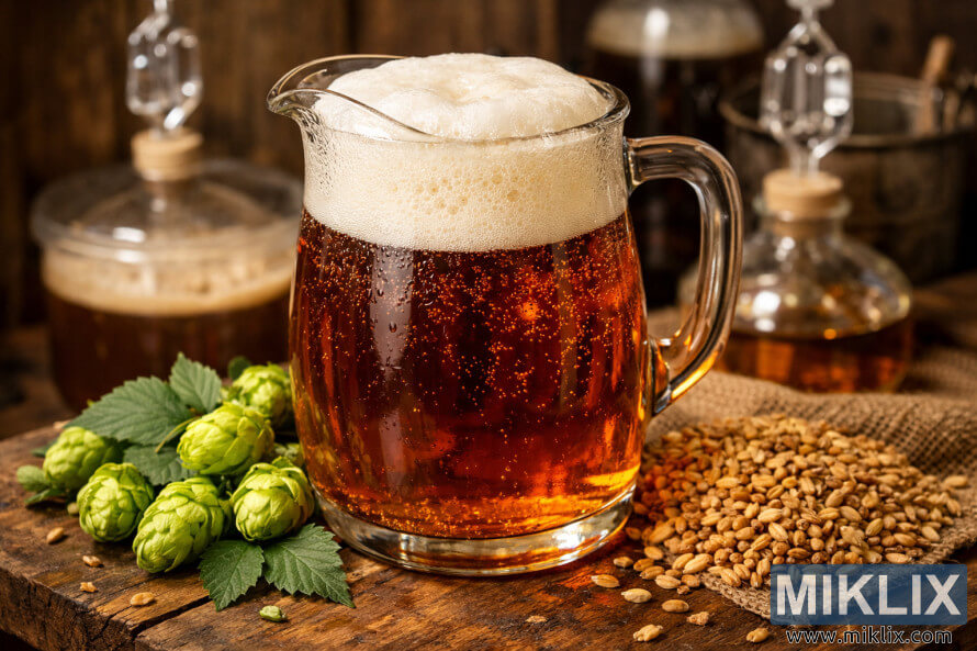 Glass pitcher of amber Belgian strong ale with frothy white head, hops and malt grains on a rustic wooden table, and brewing equipment softly blurred in the background under warm lighting.