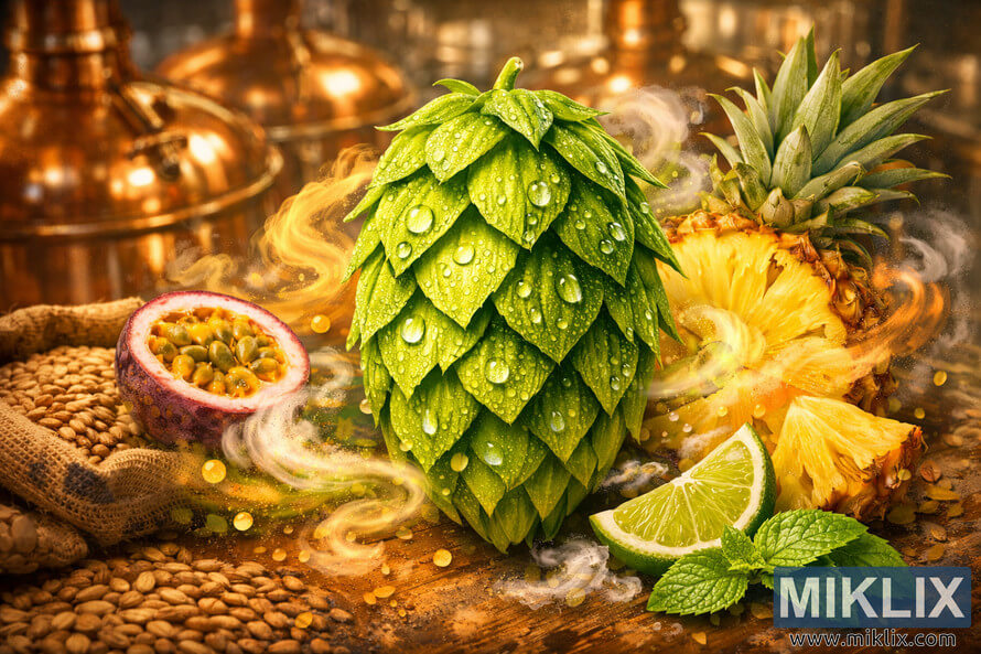 Lush green Polaris hop cone with dewdrops surrounded by swirling tropical fruit vapors, copper brewing kettles softly blurred in the background.