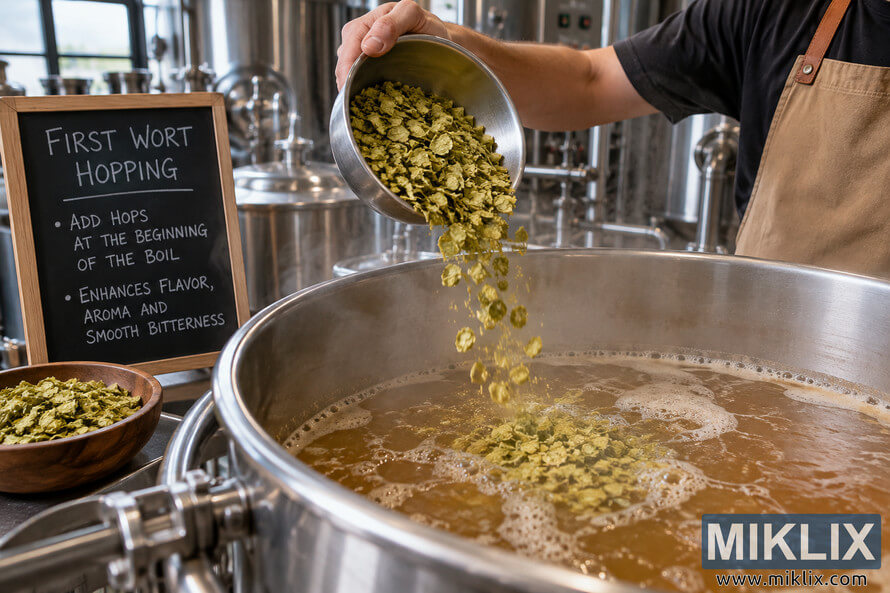 Brewer pours green hops from a metal bowl into an open stainless-steel kettle of amber wort during a first wort hopping demonstration, with an instructional chalkboard and brewery tanks in the background. Brewer pours green hops from a metal bowl into an open stainless-steel kettle of amber wort during a first wort hopping demonstration, with an instructional chalkboard and brewery tanks in the background.