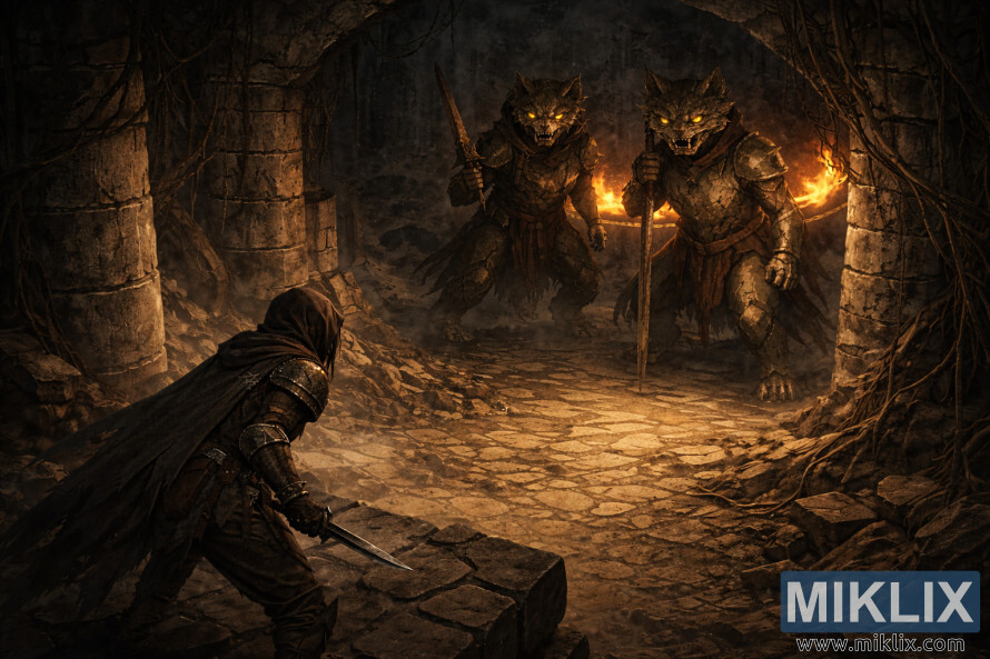 Vista isomÃ©trica do Maculado agachado numa saliÃªncia, de frente para dois CÃ£es de Guarda da Sepultura da Ãrvore Ãurea, do outro lado de uma cripta subterrÃ¢nea em chamas.