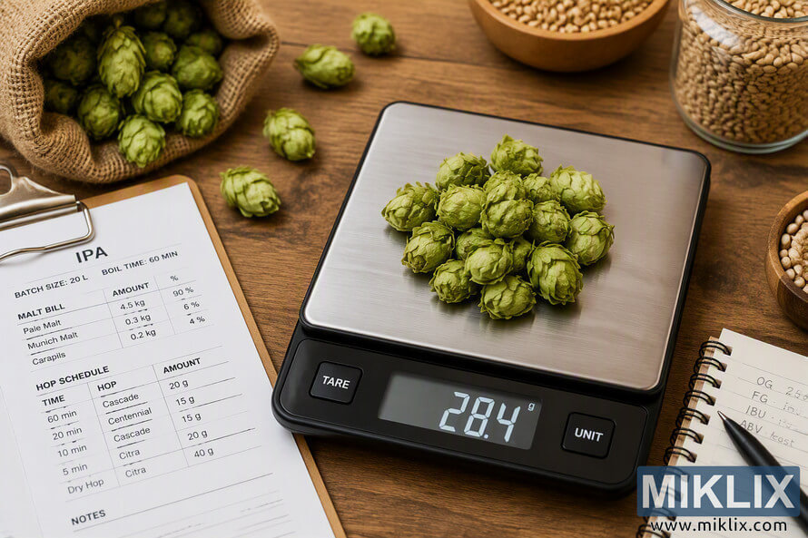 Fresh green hop cones resting on a digital brewing scale on a wooden workbench, surrounded by an IPA recipe sheet, brewing notebook, grain containers, and additional hops in a rustic homebrewing preparation scene.
