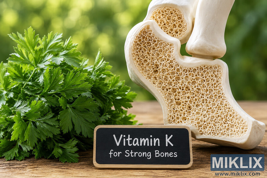 Fresh green parsley beside a detailed bone model with a sign reading 'Vitamin K for Strong Bones' on a wooden table in natural sunlight.