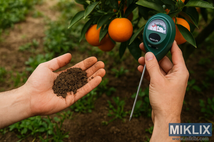 Hands testing soil pH and texture in an orange orchard using a soil meter