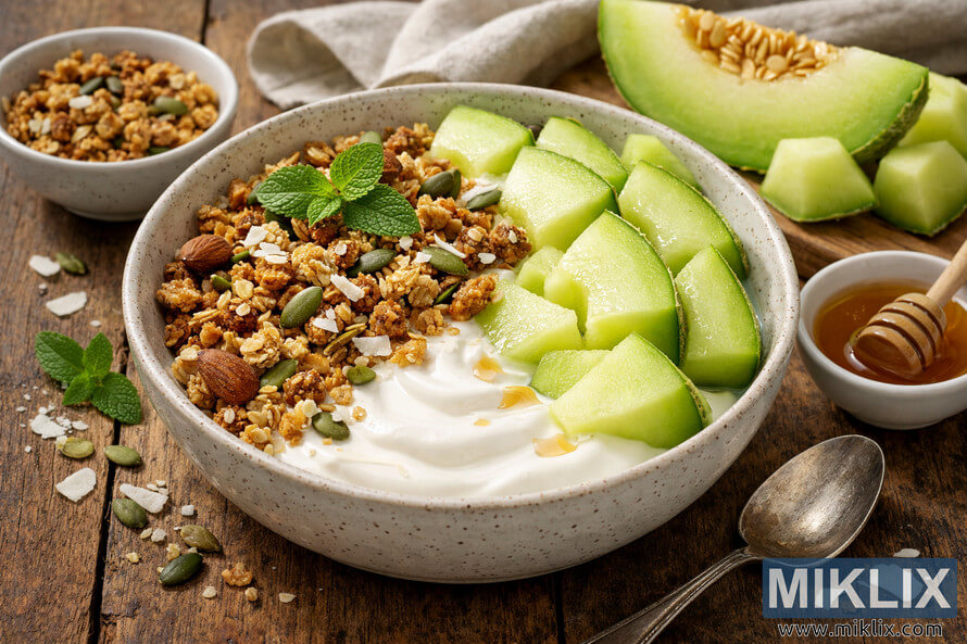 A rustic breakfast scene featuring a speckled ceramic bowl filled with creamy yogurt, fresh honeydew melon slices, crunchy granola, nuts, seeds, shredded coconut, honey drizzle, and mint leaves, surrounded by a small bowl of granola, a dish of honey with a wooden dipper, a linen napkin, a halved honeydew melon, melon wedges on a cutting board, and a vintage silver spoon on a wooden table. A rustic breakfast scene featuring a speckled ceramic bowl filled with creamy yogurt, fresh honeydew melon slices, crunchy granola, nuts, seeds, shredded coconut, honey drizzle, and mint leaves, surrounded by a small bowl of granola, a dish of honey with a wooden dipper, a linen napkin, a halved honeydew melon, melon wedges on a cutting board, and a vintage silver spoon on a wooden table.