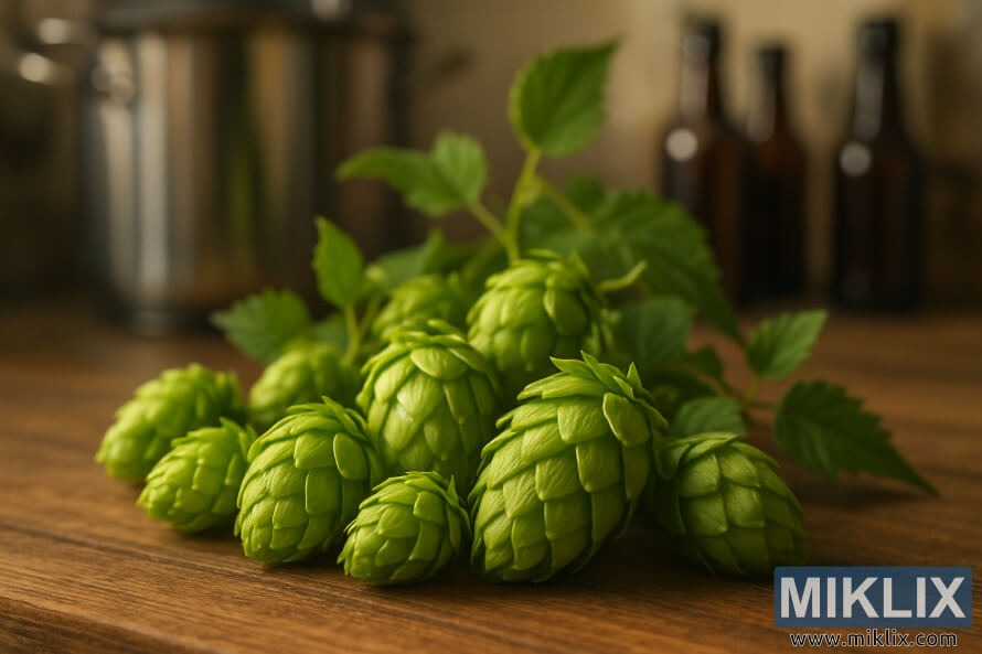 Primo piano di luppoli Target freschi su un tavolo di legno con l'attrezzatura per la produzione della birra leggermente sfocata sullo sfondo.