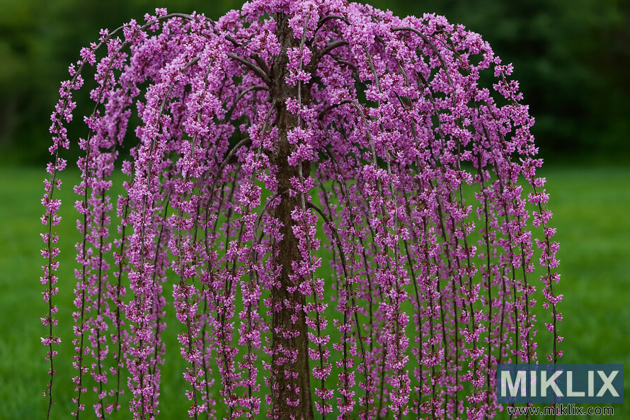 Un arbre de Redbud Weeping Lavender Twist avec des branches en cascade couvertes de fleurs lavande-rose sur un fond de pelouse vert.