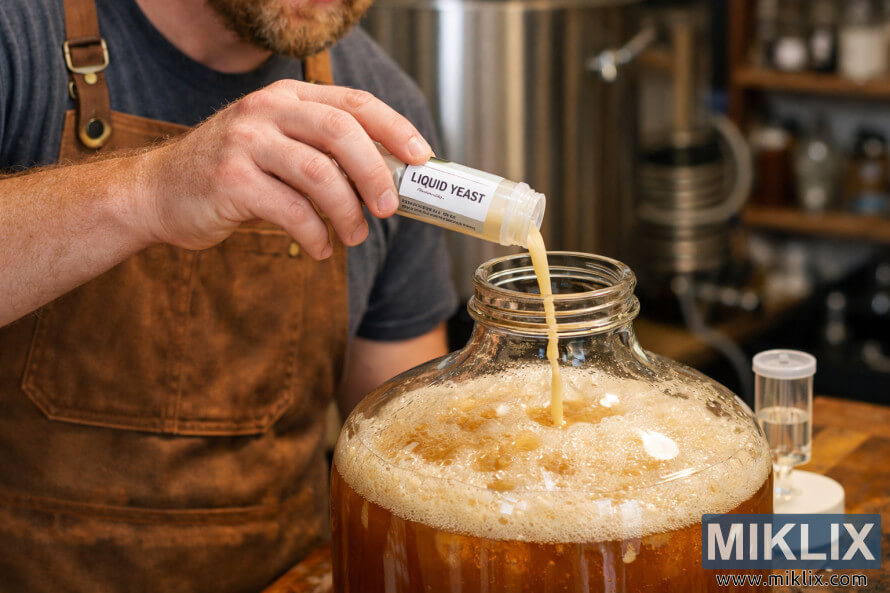 Close-up of a homebrewer pouring liquid yeast from a small vial into a glass fermentation vessel filled with amber wort.