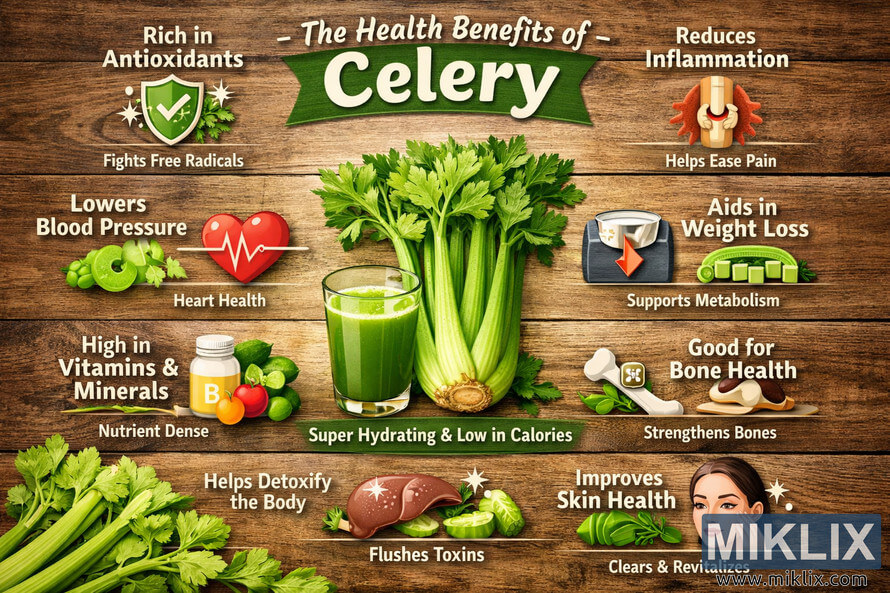 Landscape infographic titled "The Health Benefits of Celery" showing a central illustration of fresh celery stalks and a glass of celery juice on a wooden background, surrounded by labeled icons that highlight benefits such as rich in antioxidants, supports digestion, reduces inflammation, lowers blood pressure, aids in weight loss, high in vitamins and minerals, helps detoxify the body, good for bone health, and improves skin health.