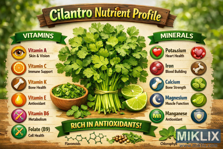 Infographic showing cilantro's nutritional composition with vitamins and minerals arranged around a central bunch of cilantro on a wooden background. Infographic showing cilantro's nutritional composition with vitamins and minerals arranged around a central bunch of cilantro on a wooden background.