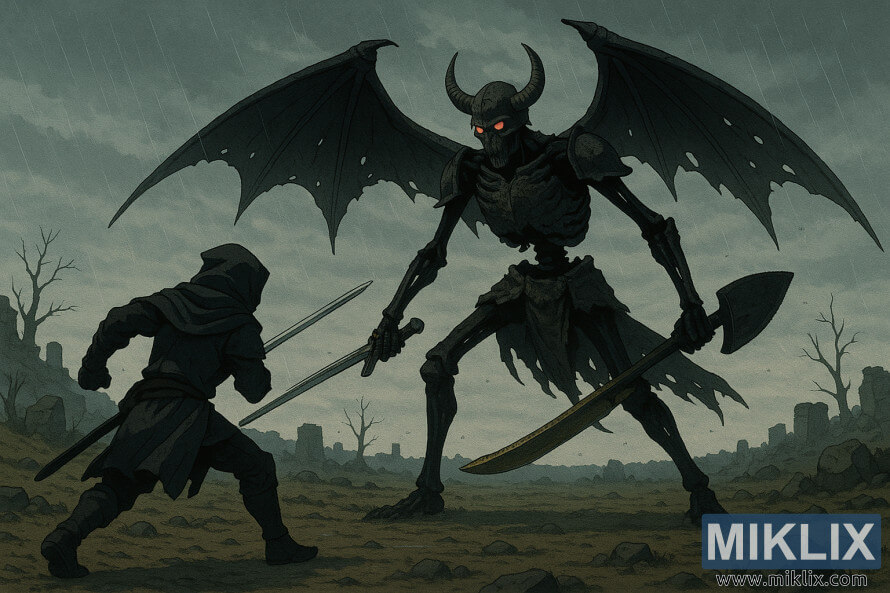 Î£ÎºÎ·Î½Î® ÏÎµ ÏÏÏÎ» anime, ÏÎ¿Ï Tarnished ÏÎ¿Ï Î¼Î¬ÏÎµÏÎ±Î¹ Î¼Îµ Î­Î½Î±Î½ ÏÎ±Î½ÏÏÎ·Î»Î¿ ÏÏÎµÏÏÏÏ Black Blade Kindred Î¼Îµ Î¼Î±ÏÏÎ± ÎºÏÎºÎ±Î»Î± ÏÎµ Î­Î½Î± Î²ÏÎ¿ÏÎµÏÏ ÏÎµÎ´Î¯Î¿ Î¼Îµ ÎµÏÎµÎ¯ÏÎ¹Î±.