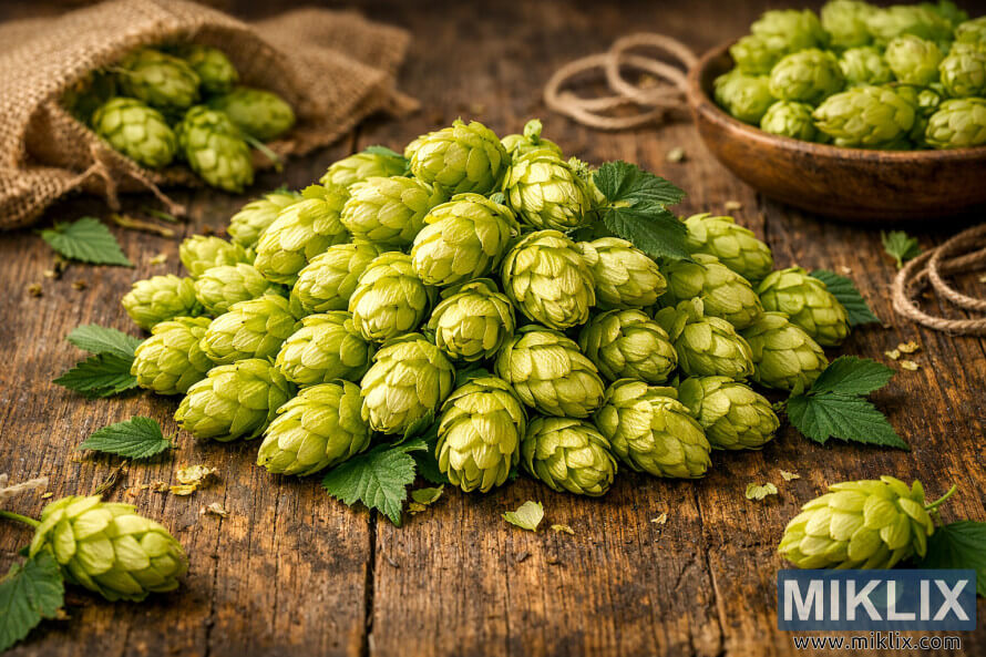 Fresh Hallertauer Gold hop cones piled on a rustic wooden table, with a burlap sack and wooden bowl of hops in the softly lit background. Fresh Hallertauer Gold hop cones piled on a rustic wooden table, with a burlap sack and wooden bowl of hops in the softly lit background.