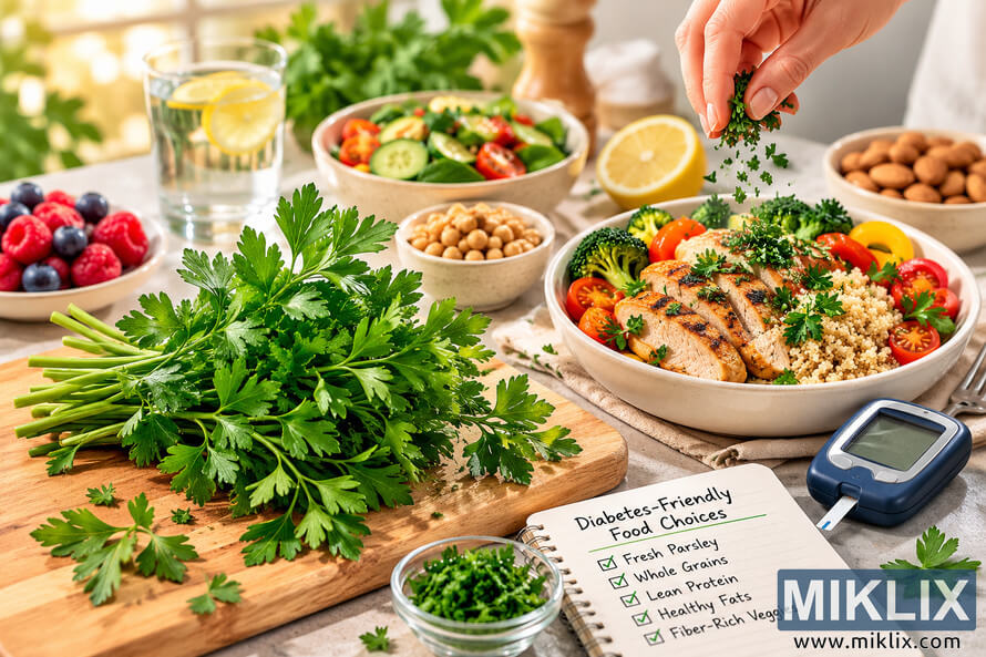 A vibrant diabetes-friendly quinoa salad with grilled chicken, cucumber, cherry tomatoes, and fresh parsley in a ceramic bowl beside a glucose meter on a rustic wooden table. A vibrant diabetes-friendly quinoa salad with grilled chicken, cucumber, cherry tomatoes, and fresh parsley in a ceramic bowl beside a glucose meter on a rustic wooden table.