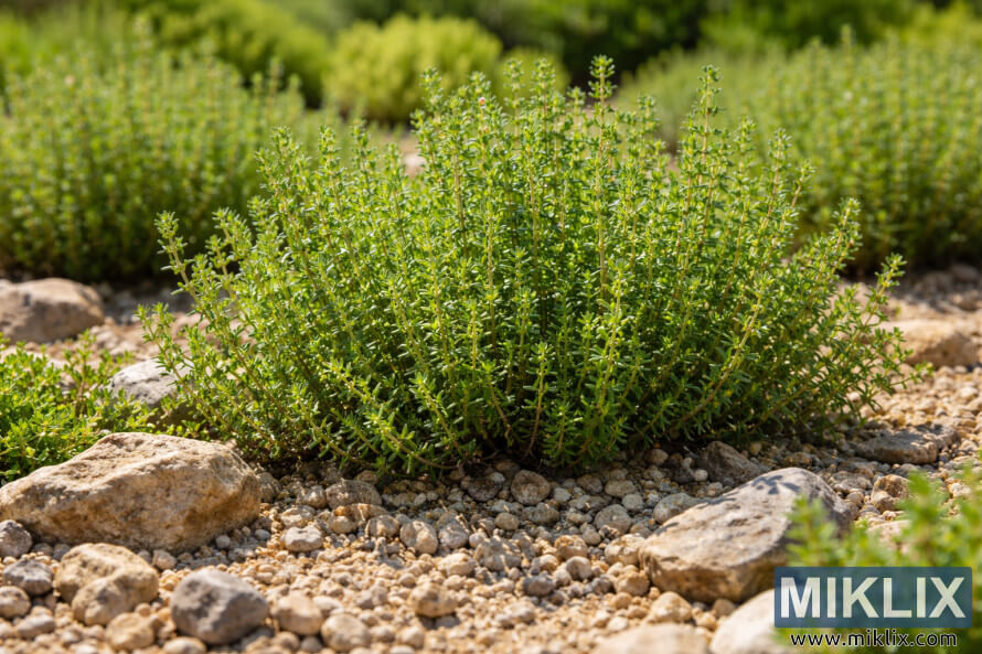 Plantas de tomilho saudÃ¡veis crescendo em pleno sol, em solo rochoso bem drenado com cascalho e pedras.