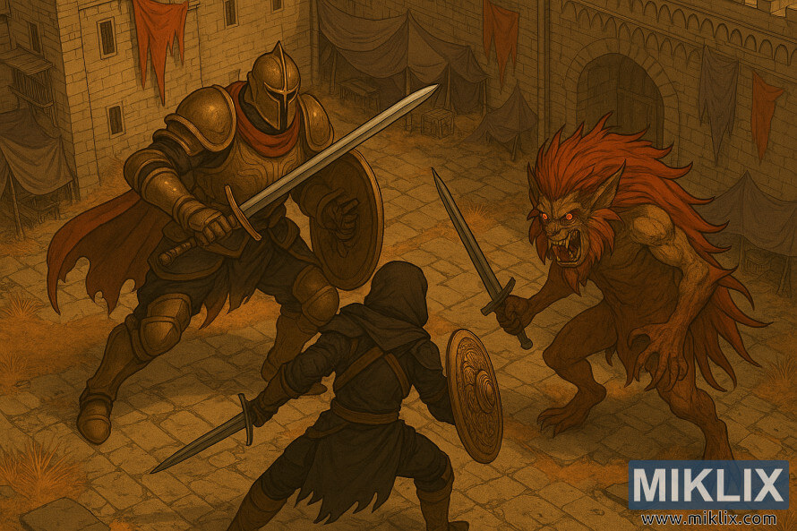 Anime-style fan art of the Tarnished in Black Knife armor facing Crucible Knight and Misbegotten Warrior in Redmane Castle