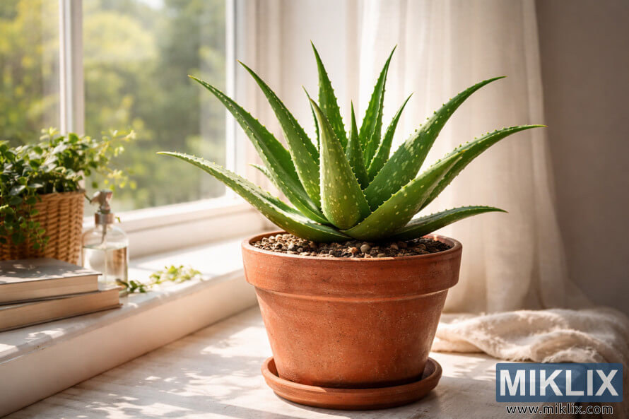 Uma planta de aloe vera saudável num vaso de terracota repousa numa janela ensolarada, com cortinas leves, livros e outras plantas de interior ao fundo. Uma planta de aloe vera saudável num vaso de terracota repousa numa janela ensolarada, com cortinas leves, livros e outras plantas de interior ao fundo.