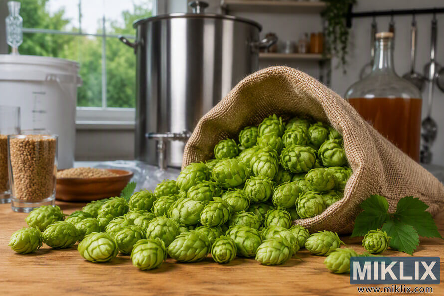 A landscape photograph showing a burlap sack overflowing with fresh green hop cones on a wooden table in a homebrewing setup. Brewing equipment including a stainless steel kettle, fermentation vessel, grain containers, and a glass carboy are visible in the softly focused background. Natural daylight from a window illuminates the scene, highlighting the texture and color of the hops. A landscape photograph showing a burlap sack overflowing with fresh green hop cones on a wooden table in a homebrewing setup. Brewing equipment including a stainless steel kettle, fermentation vessel, grain containers, and a glass carboy are visible in the softly focused background. Natural daylight from a window illuminates the scene, highlighting the texture and color of the hops.