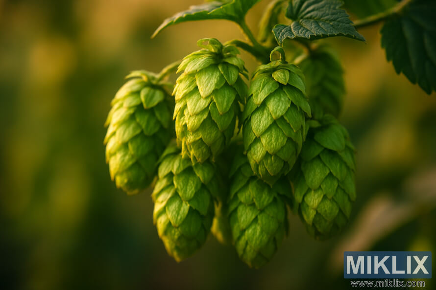 Isang close-up na larawan ng berdeng Outeniqua hop cone na kumikinang sa ginintuang oras na sikat ng araw na may malabong background.