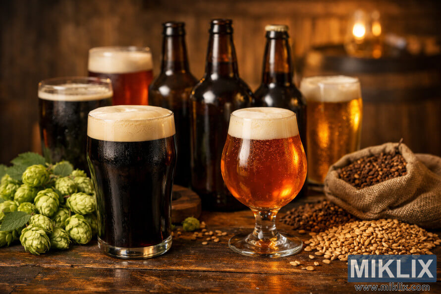 A rustic brewpub scene with stout and amber ale glasses, unlabeled beer bottles, hops, and malt grains on a wooden table under warm light. A rustic brewpub scene with stout and amber ale glasses, unlabeled beer bottles, hops, and malt grains on a wooden table under warm light.
