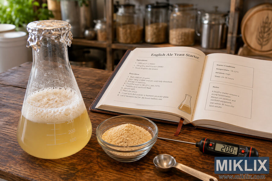 A warmly lit kitchen scene viewed slightly from above, featuring a glass flask filled with a pale yellow English ale yeast starter topped with bubbling foam on a rustic wooden table. Nearby are a bowl of dry malt extract, a measuring spoon, an open brewing recipe book, and a thermometer displaying the ideal fermentation temperature. Soft-focus shelves filled with home brewing equipment and ingredients create a cozy background atmosphere. A warmly lit kitchen scene viewed slightly from above, featuring a glass flask filled with a pale yellow English ale yeast starter topped with bubbling foam on a rustic wooden table. Nearby are a bowl of dry malt extract, a measuring spoon, an open brewing recipe book, and a thermometer displaying the ideal fermentation temperature. Soft-focus shelves filled with home brewing equipment and ingredients create a cozy background atmosphere.